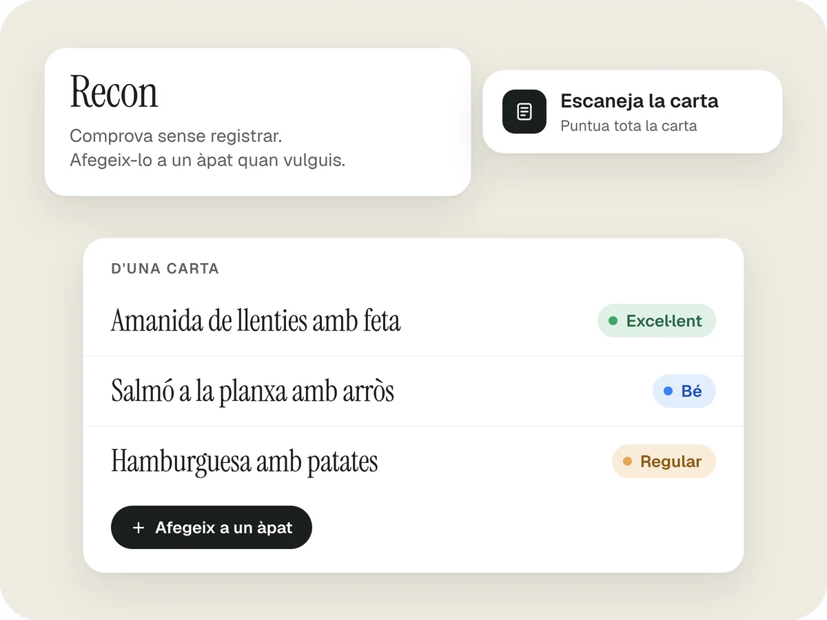 Recon comprovant una carta sense registrar res: una amanida de llenties valorada com a Excel·lent, un salmó a la planxa amb arròs com a Bé i una hamburguesa amb patates com a Regular.