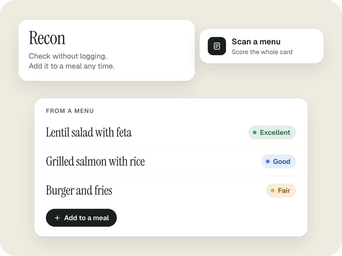 Recon checking a menu without logging it: a lentil salad rated Excellent, grilled salmon with rice rated Good and a burger with fries rated Fair.