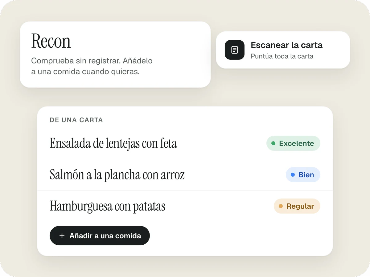 Recon comprobando una carta sin registrar nada: una ensalada de lentejas valorada como Excelente, un salmón a la plancha con arroz como Bien y una hamburguesa con patatas como Regular.